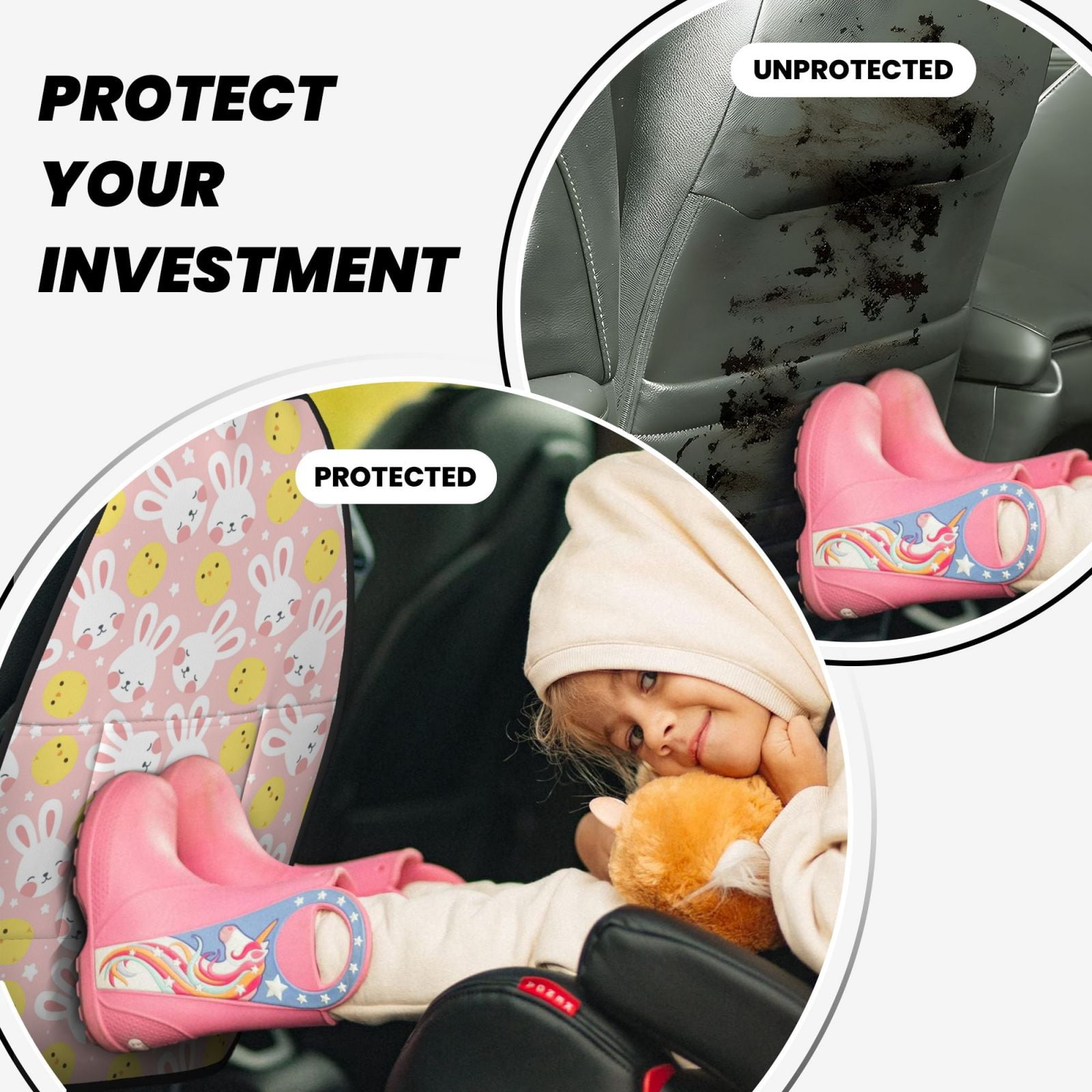 Xecao Rabbit And Chick Pattern Car Seat Back Protector 2 Pack Large Capacity Pocket, Kick Mats Back Seat Protector