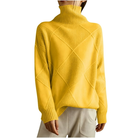 Womens High Neck Sweaters Solid Color Comfy Knitted Turtleneck Pullover Loose Long Sleeve Casual Winter Tops (XL, Yellow)
