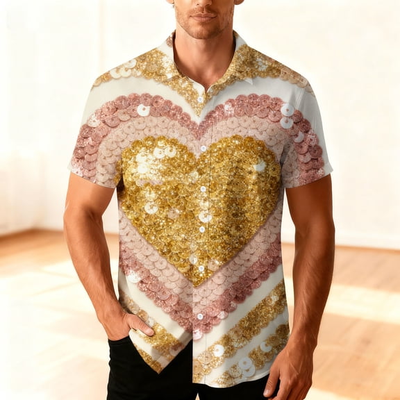 Cadancy Valentines Day Shirt Men Funny Heart Graphic Short Sleeve Button Down Hawaiian Shirts Holiday Vacation Comfortable Loose Casual Tshirt