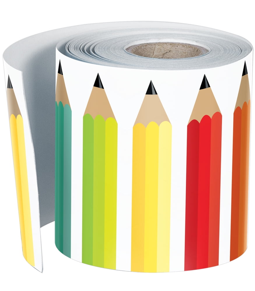 Schoolgirl Style Black, White and Stylish Brights Rolled Pencil Border—Rolled Border With Pencils for Bulletin Boards, Desks, Lockers, Homeschool or Classroom Decor (36 ft)