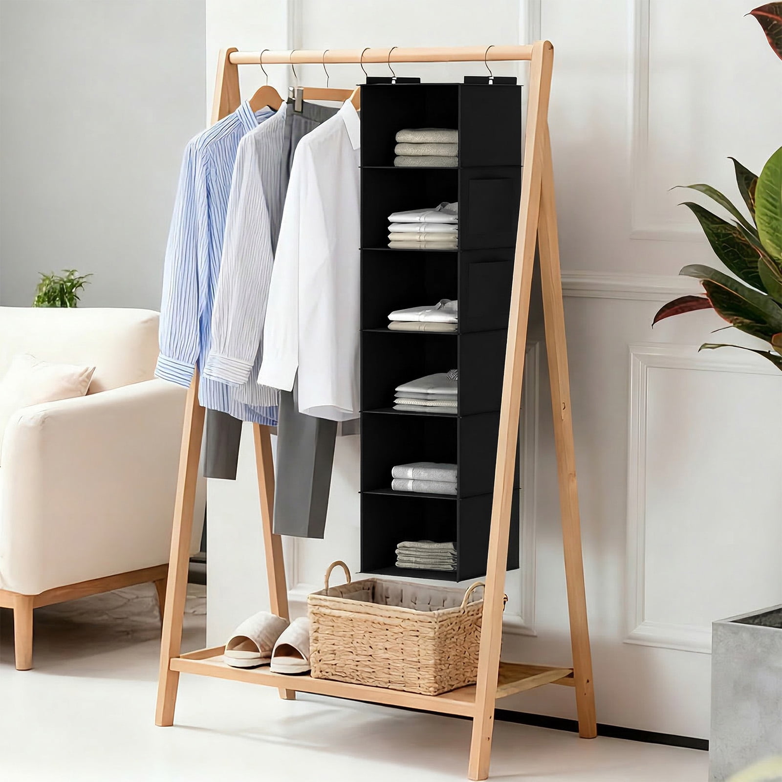 Closet Hanging Storage Shelves, 6-Shelf Hanging Closet Organizer with Bamboo Inserts, Foldable Closet Organizers and Storage for Bedroom,Sturdy Hook Closet Storage W/ 2 Side Pockets,Gray