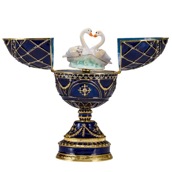 danila-souvenirs Faberge style Egg / Music Box / Trinket Jewel Box with Two Swans 6.8'' (17 cm) blue