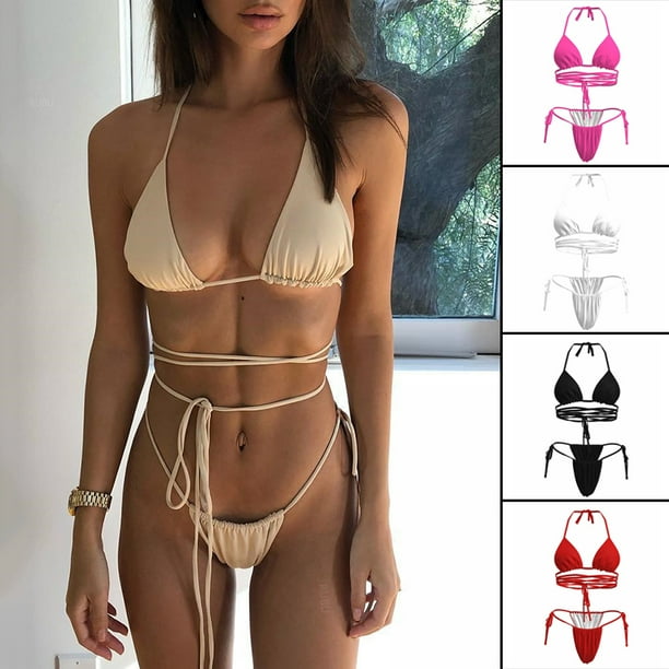 Women's Mini Bikini Set Wet Look Bra Top G-String Thongs Bathing Suit  Swimwear