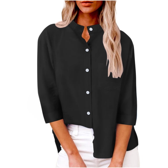 Timegard Button down Shirts for Women Stand Neck 3/4 Sleeve Side Split Work Casual Loose Tops Fall