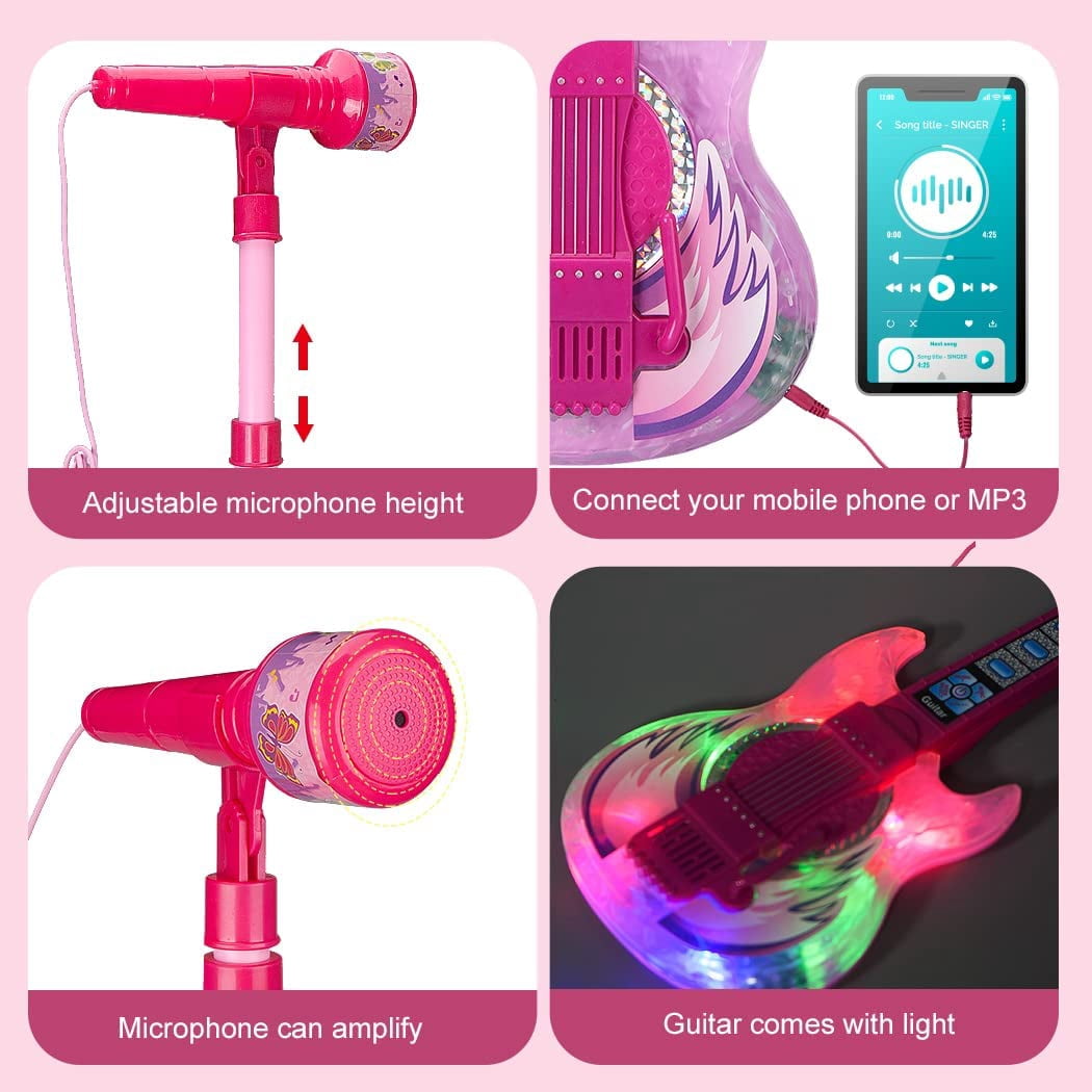 Hinzonek  kid Electric Guitar Kit with Microphone,Guitar Toys with Music&Colorful Light,Adjustable Height Microphone with Stand,Karaoke Toys Gift for Boy,Girls,Toddlers