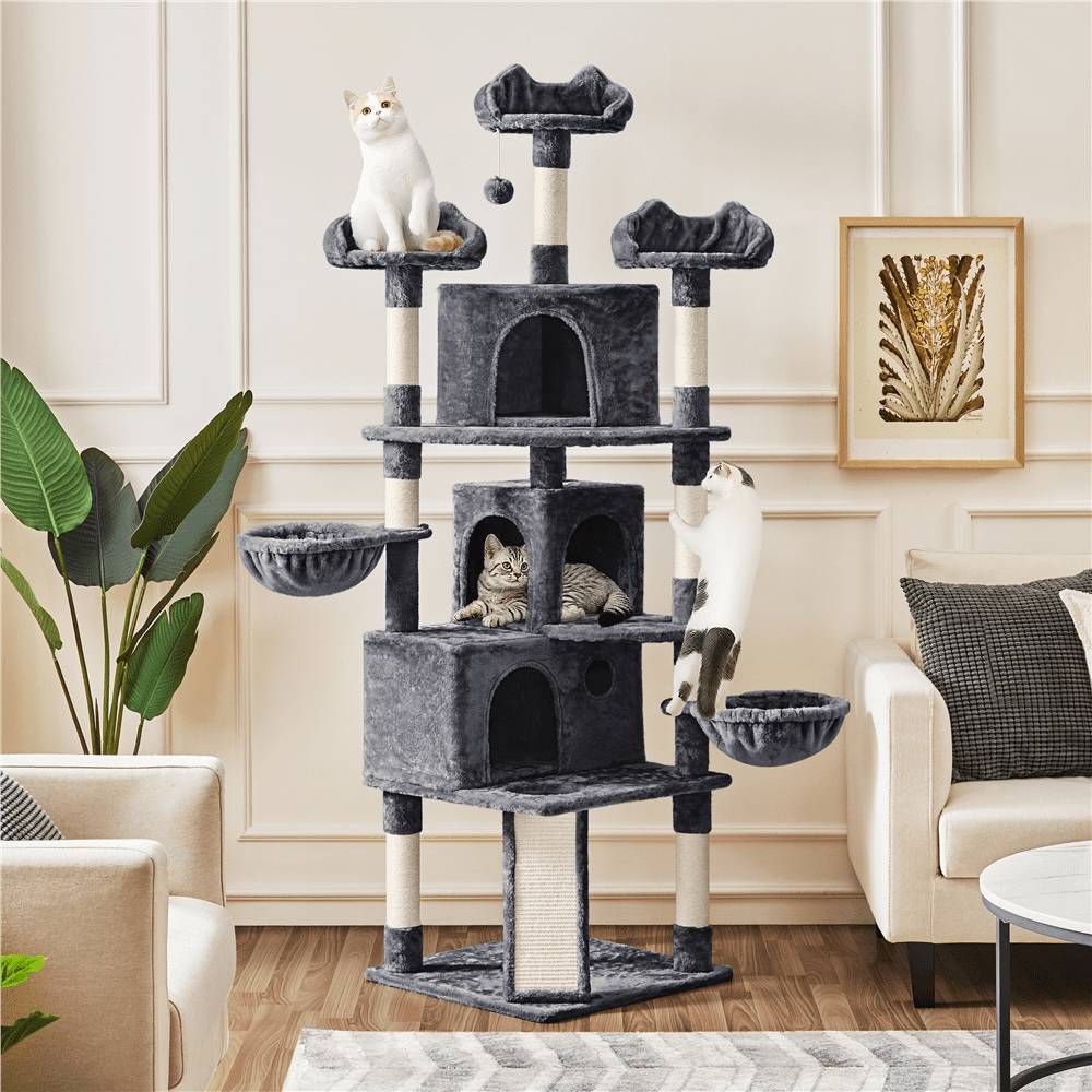 Alden Design 76.5" H Large Cat Tree Tower with 3 Condos Cozy Perches Dangling Ball, Dark Gray