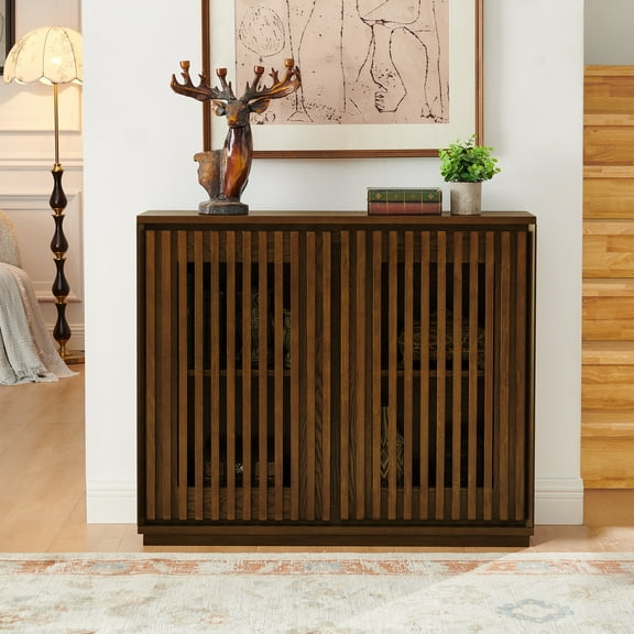 Mid Century Modern Fluted Hollowed Out Sideboard Cabinet with 2 Outlet Holes, Buffet Cabinet with Storage, Walnut Storage Cabinet for Living Room, Entryway, Hallway, Dining Room, Kitchen