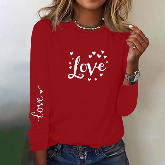YueHuiYing Valentine's Day “LOVE” Slogan Heart Print Women's Long Sleeve Crew Neck Pullover Top