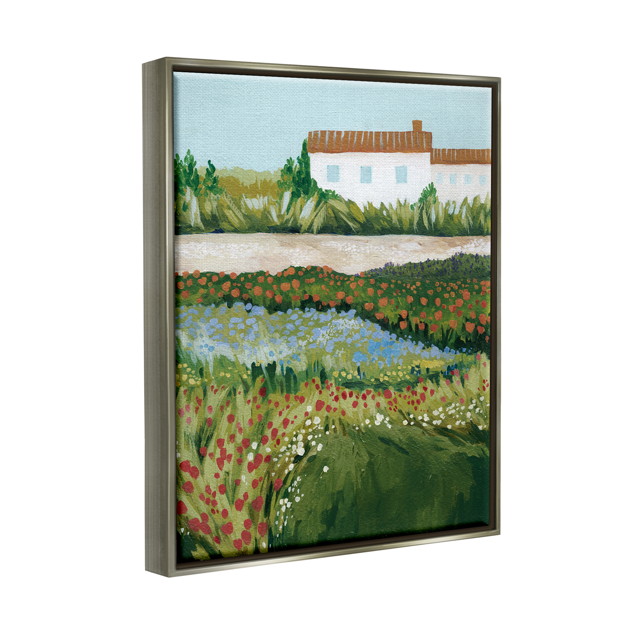 Stupell Country Cottage Meadow Road Landscape Painting Gray Floater Framed Art Print Wall Art