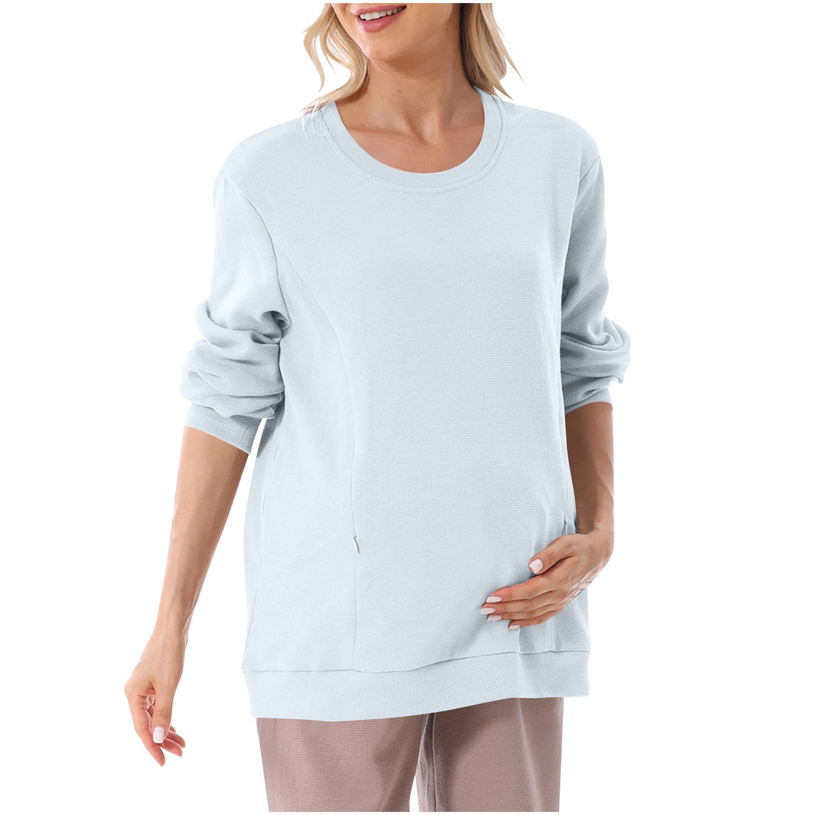 ylioge Maternity Tops for Women Pregnancy Plus Size S-4X Long Sleeve Sweatshirts with Zipper Pullover Solid Color Crewneck Nursing Sweatshirt Shirts