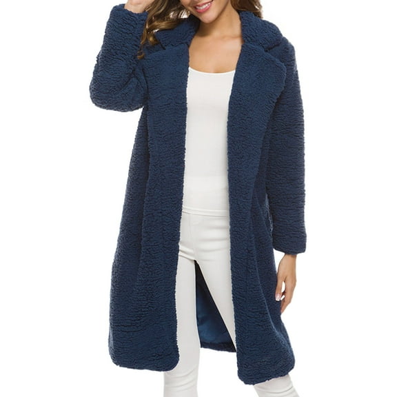 Women Fall Jacket Long Sherpa Coat Elegant Fuzzy Trench Open Front Mid-Long Trendy Jacket