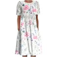 thumbnail image 1 of QJUHUNG Midi pour Femmes Été Décontracté Ample Boho Imprimé Floral Col Rond Manches Courtes Robe Froncée Longueur Genou avec Poches, 1 of 4