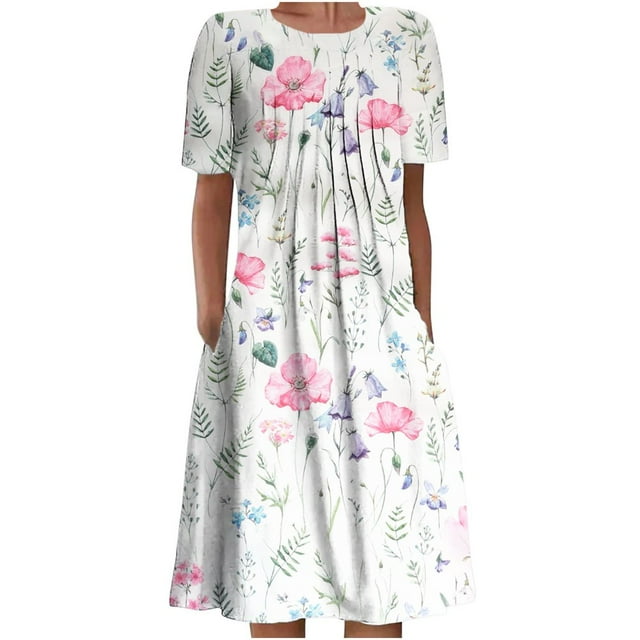 QJUHUNG Midi pour Femmes Été Décontracté Ample Boho Imprimé Floral Col Rond Manches Courtes Robe Froncée Longueur Genou avec Poches