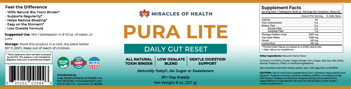 Miracles of Health Pura Lite | Daily Gentle Toxin Binder & Digestive Mix | Gut Wellness, Regularity | Psyllium, Flax, Fennel, Licorice | 100% Natural, Sugar-Free, Low Oxalate | 1 Month Supply