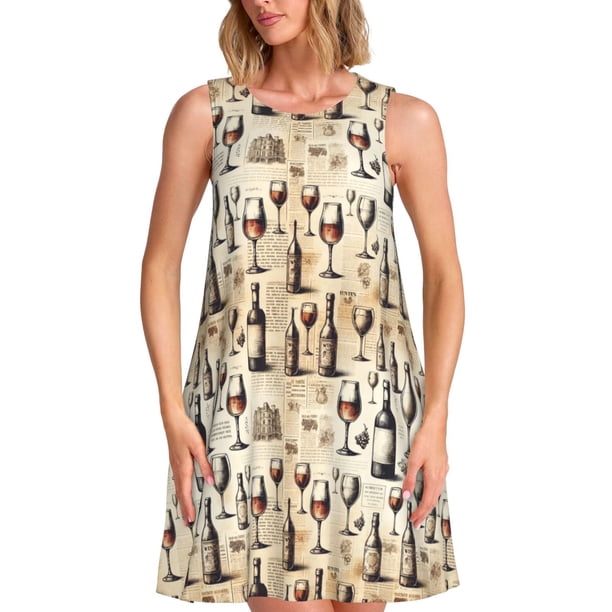 Fotbe Wine 1 Vestido de Verano sin Mangas para Mujer – Vestido Midi Línea A, Estilo Camiseta Floral, Vestido Playero Casual y Fluido