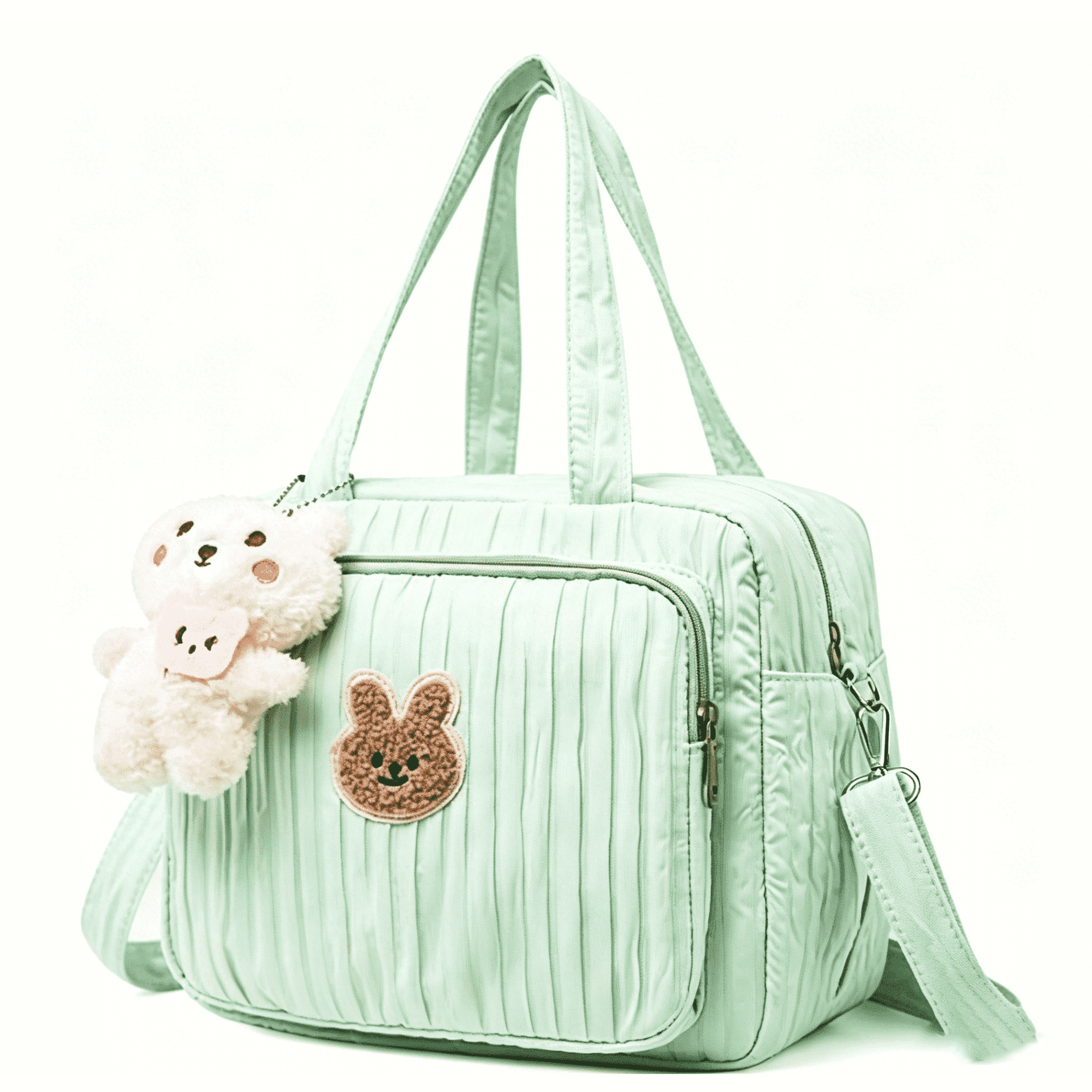 Cute Quilted Baby Diaper Tote Bag, Multifunctional Waterproof Handbag with Stroller Straps for Travel Mommy Daily Use(Green)