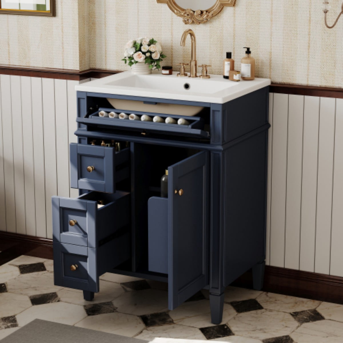 24" Bathroom Vanity with Sink, Modern Freestanding Bathroom Vanity Cabinet with Ceramic Sink, 3 Drawers & Tip-Out Drawer, Adjustable Shelf, Green Storage Cabinet, Blue