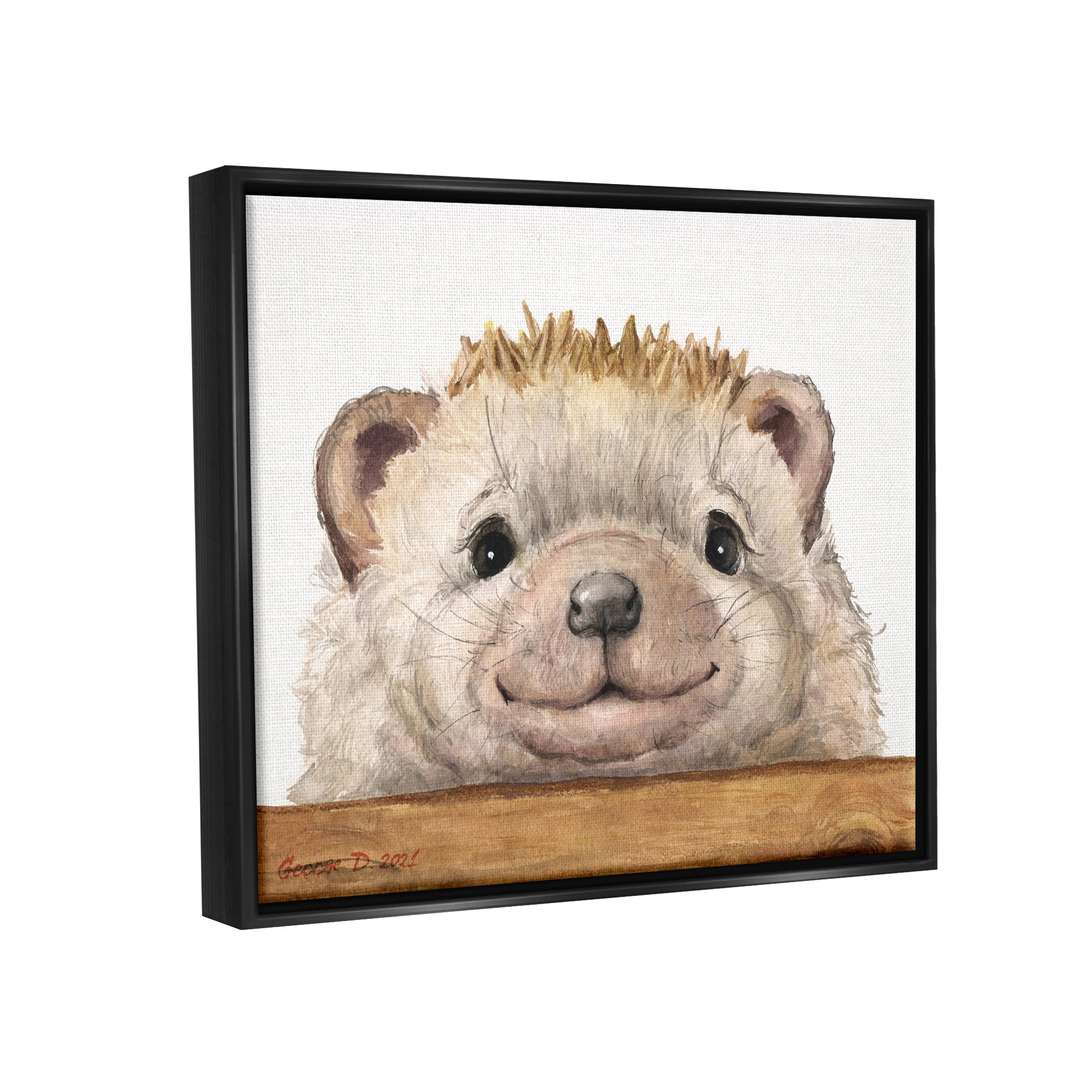 Stupell Industries Expressive Hedgehog Peeking Smiling Casual Animal Painting Jet Black Floating Framed Canvas Print Wall Art, Design by George Dyachenko