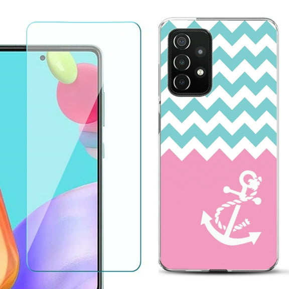 Slim-Fit Flexible Gel TPU Phone Case compatible with Samsung Galaxy A52 5G, with Tempered Glass Screen Protector, by OneToughShield ® - Chevron/Teal/Anchor