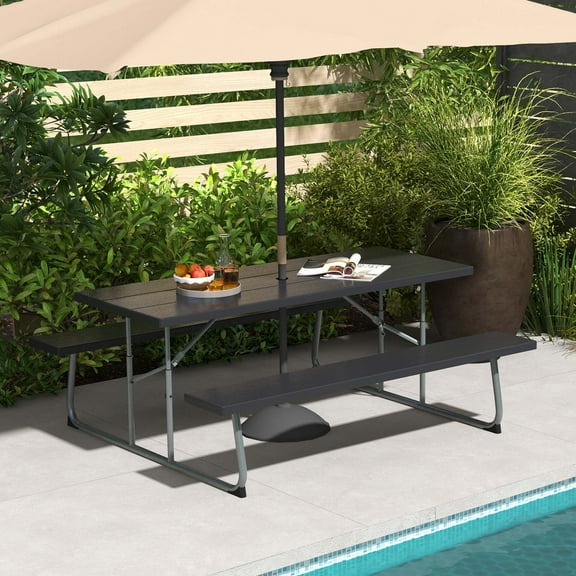 Costway Folding Picnic Table with Wood-like Tabletop, Umbrella Hole, 2 Benches for 8 Person Black