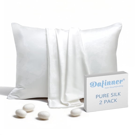 Dafinner Luxury Set of 2 Pure Mulberry Silk Pillowcases with Hidden Zipper Queen Size, Silky Pillow Cases for Skin & Hair (20x30, White)
