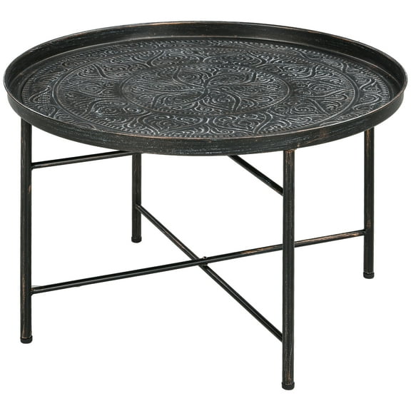 Homiyad Coffee Table for Living Room, 24" Round Center Table with Hammered Tray Top and Metal Frame for Bedroom, Pewter