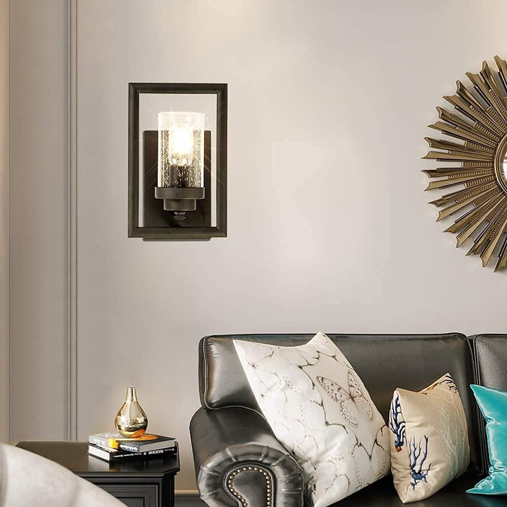 Set of 2 Glass Wall Sconce, Industrial Vintage Wall Lights with Clear Glass Shade, Square Metal Wall Mount Lighting, E26 Base, for Dinning Room, Bedroom, Living Room, Black