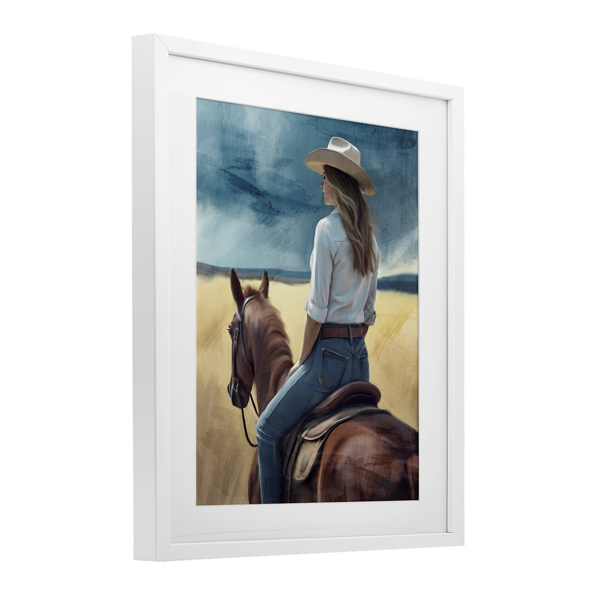 Countryside Cowgirl View White Framed Print Under Glass, design by Kim Allen