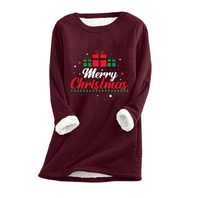 Pntutb Hauts de Noël à Manches Longues pour Femmes Mode Féminine Impression de Noël Manches Régulières Hiver Ample Vacances Décontracté Col Rond Chemise Hauts