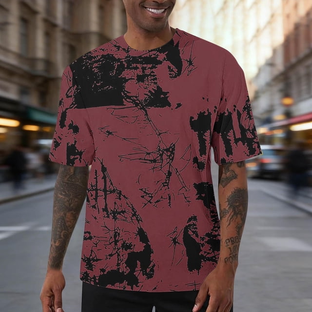 Ceisia Men's Abstract Splash Print T-shirt Loose Fit Short Sleeve Round Neck Casual Summer Fall Tee Tops Wine XXL Gifts
