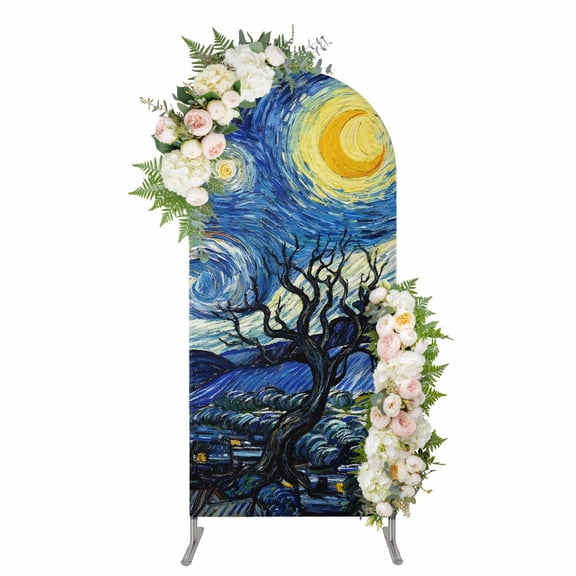 Blue Starry Night Arch Backdrop Cover 6FT, Abstract Star Sky House Tree Oil Painting Spandex Fitted Stretchy Arch Stand Covers, Round Top Chiara Backdrop Cover for Wedding Party Birthday Baby Shower