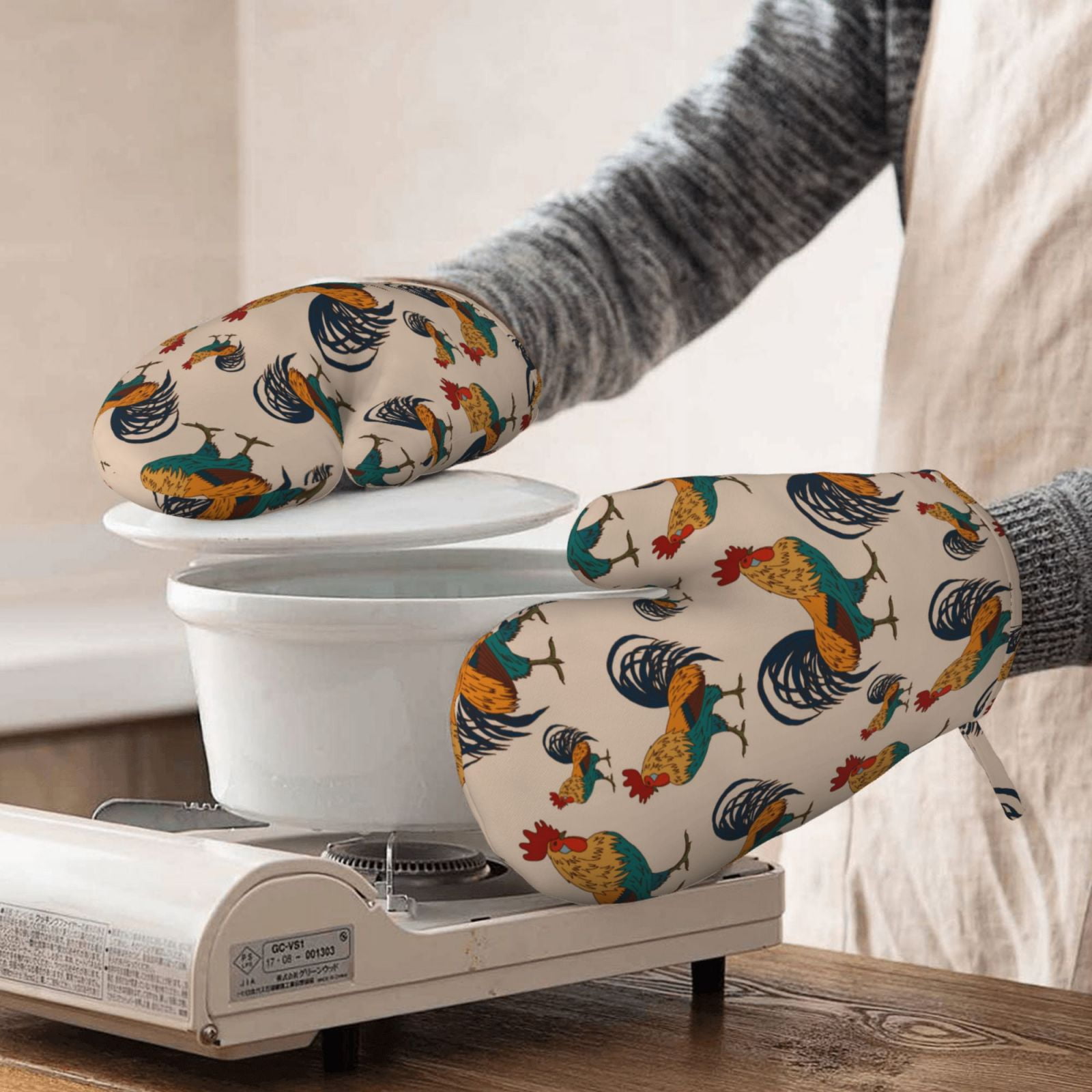 Hirioo Rooster for Silicone Oven Mitts for BBQ, Baking, Cooking, Set of 2, Heat Resistant 260℃, Non-Slip Kitchen Essentials
