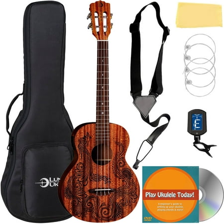 Luna Henna Dragon Mahogany Concert Acoustic-Electric Ukulele Bundle with Gig Bag, Strap, Tuner, Strings, Austin Bazaar Instructional DVD, and Polishing Cloth
