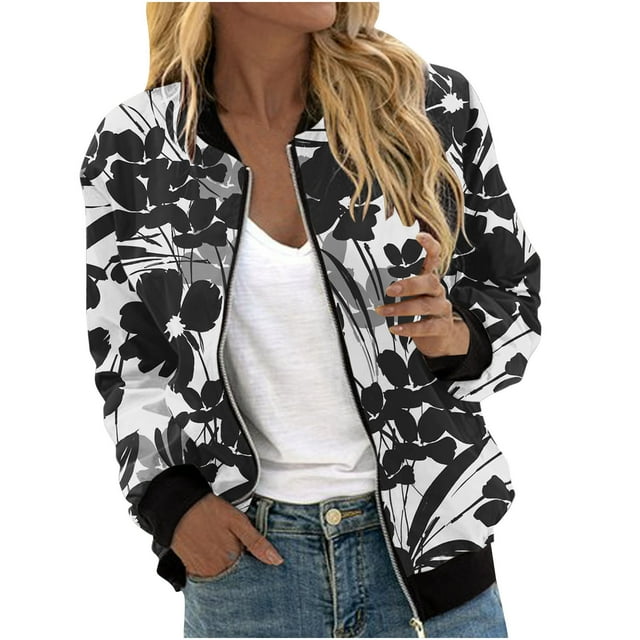 PEZHADA Vestes pour Femmes Légères à Fermeture Éclair Décontractées Blouson Bomber Inspiré Imprimé Col Montant Court Manteau Hauts Gris