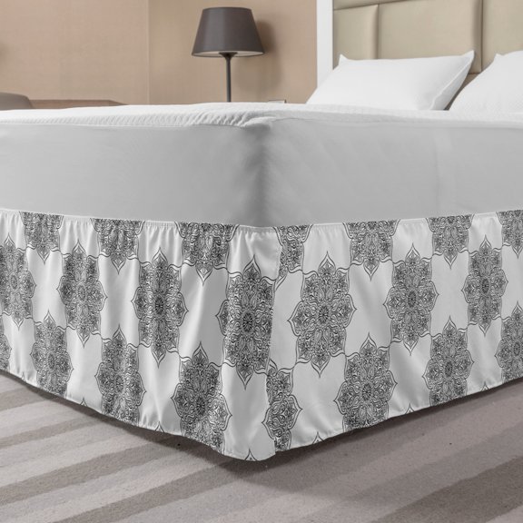 Ethnic Bed Skirt, Folk Style Mandala Inspired Repeating Flourishing on Plain Background, Elastic Bedskirt Dust Ruffle Wrap Around for Bedding Decor, 4 Sizes, Grey and White, by Ambesonne