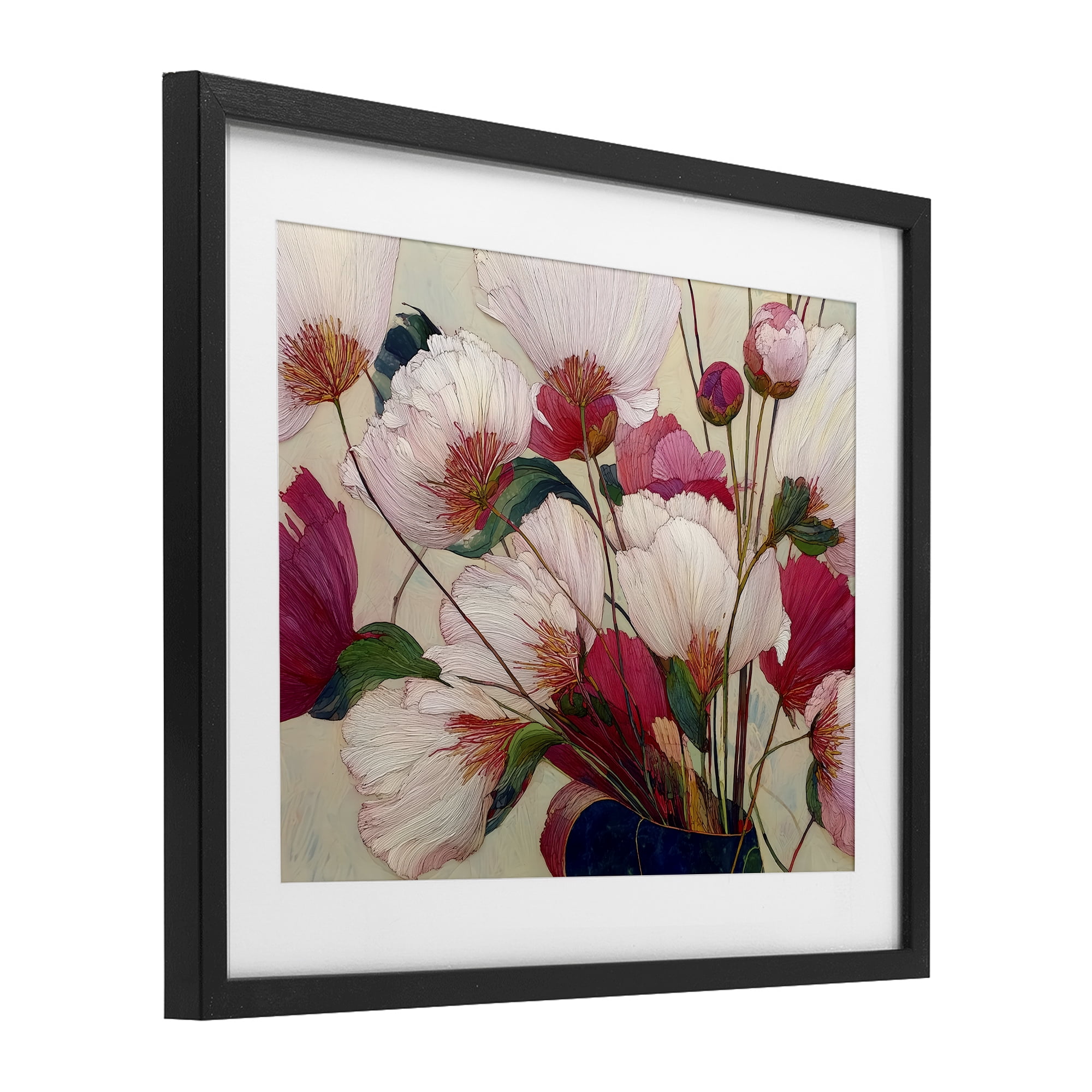 Lush Haiku Pink & White Flowers Black Framed Print Under Glass, design by Annabelle Hall