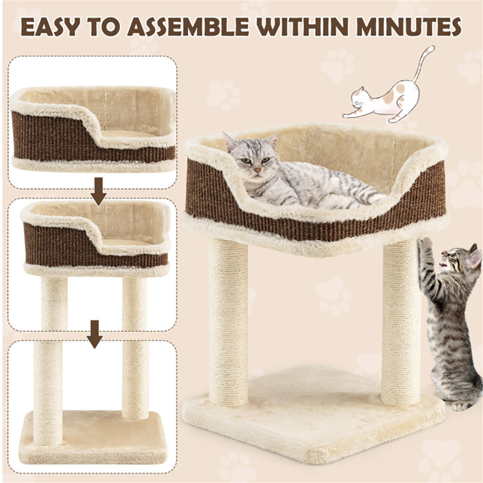 Kadyn 16" Cat Tree Tower for Indoor Cats with Large Plush Perch, Natural Sisal Scratching Post for Small Cats, Beige