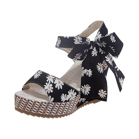 

Wedge Platform Boho Sandals for Women Floral Print Bow Knot Bohemian Lolita Shoes Casual Summer Open Toe Ankle Strap High Heels