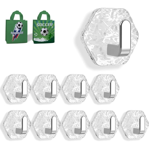 Water Ripple Hexagonal Self Adhesive Hooks, No Drill Bathroom Kitchen Wall Hooks, Heavy Duty Waterproof Adhesive for Towels, Keys & Home Decor (Silver*10)