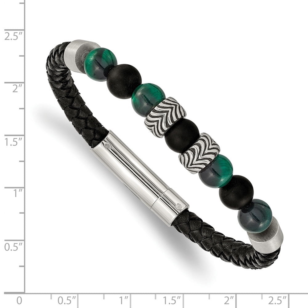 Diamond2Deal Stainless Steel Black Agate and Green Tiger's Eye Beads Black Leather Bracelet for Men 8.5"