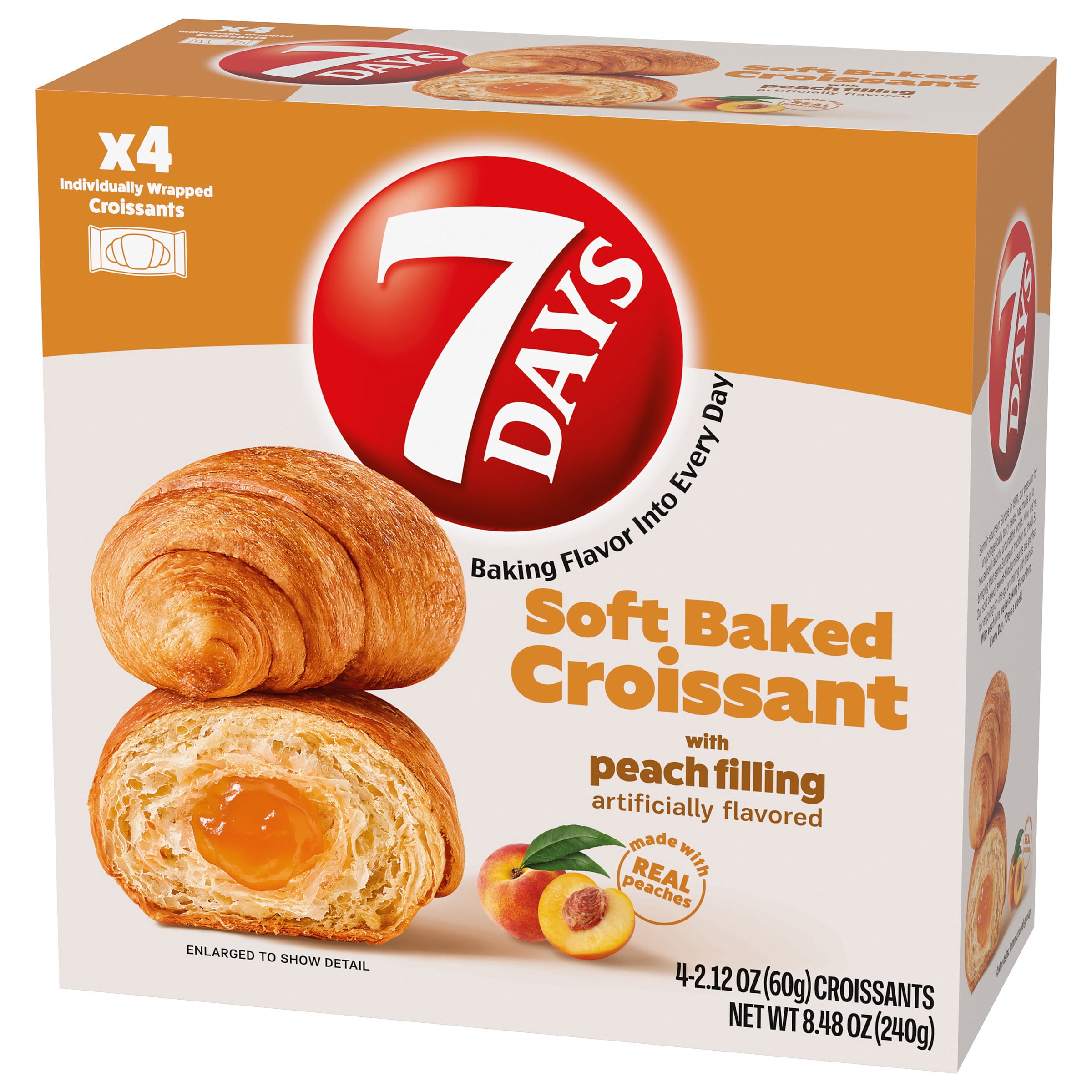 7Days Soft Croissant, Peach (4 Pack), On The Go Breakfast, Individually Wrapped (2.12oz, Pack of 4)