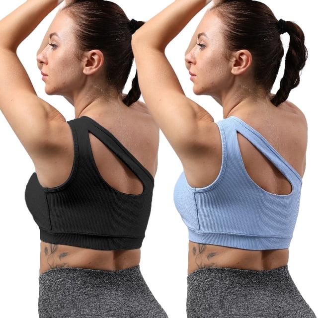 Ropa interior deportiva de dos piezas de un solo hombro para mujer, ropa interior de yoga para ejercicio, top corto sexy de soporte medio