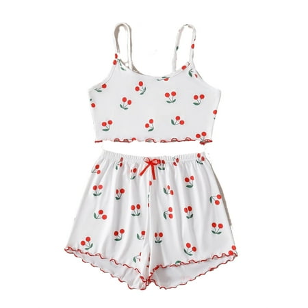 

2pcs Set Cute Cami Short Sets Sleeveless White Women s Pajama Sets (Women s)