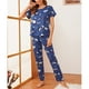 thumbnail image 2 of Conjunto de pijamas Top de manga corta con estampado elegante, ropa de dormir holgada y transpirable con cuello redondo y pantalones largos, 2 of 6