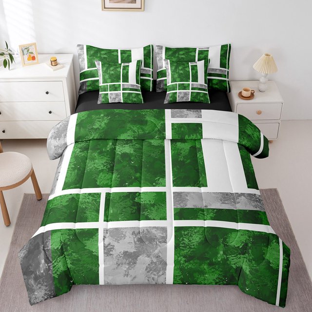 Erosebridal Geometric Rectangle Bed in a Bag Full size,Abstract Sqare Bed Set,Green Grey Bedding Full Size,Lightweight Plaid Room Decorative,Reversible,7pcs