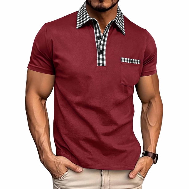 Ceisia Men's Slim Fit Short Sleeve Turndown Collar Shirt with Gingham Contrast Trim and Chest Pocket Wine L Gifts