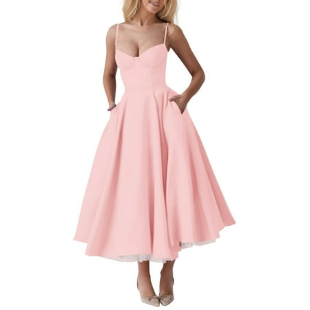 Zhensanguo Plus Size Formal Dresses for Women A-Line Prom 2025 Midi Dresses Corset Spaghetti Strap Cocktail Dress Vintage Dress with Pockets Pink M