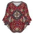 thumbnail image 5 of Red Floral Persian Rug Women's V-Neck Blouse With 3/4 Ruffled Bell Sleeves Casual Top Ladies Blouses, 5 of 7