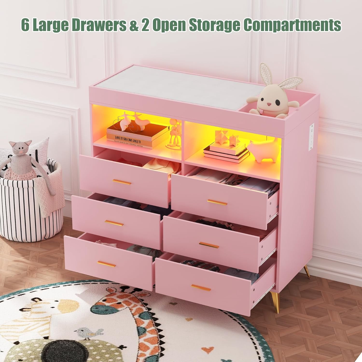 Dresser for Bedroom with 6 Drawers, Baby Changing Table Dresser with Changing Pad, LED Lights & Charging Station, Baby Changing Station with Changing Table Top