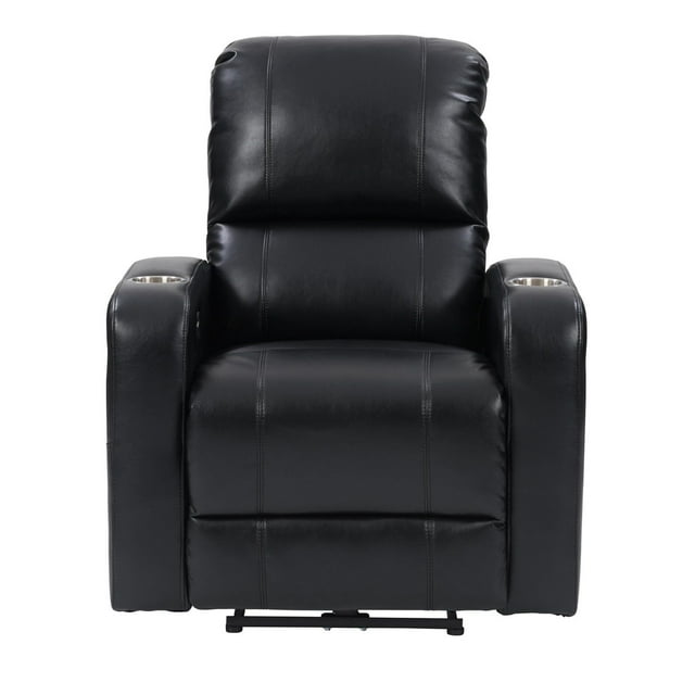 Black CorLiving Ophelia PU fabric upholstered indoor power recliner chair featuring cup holders on each armrest and a built-in USB port.